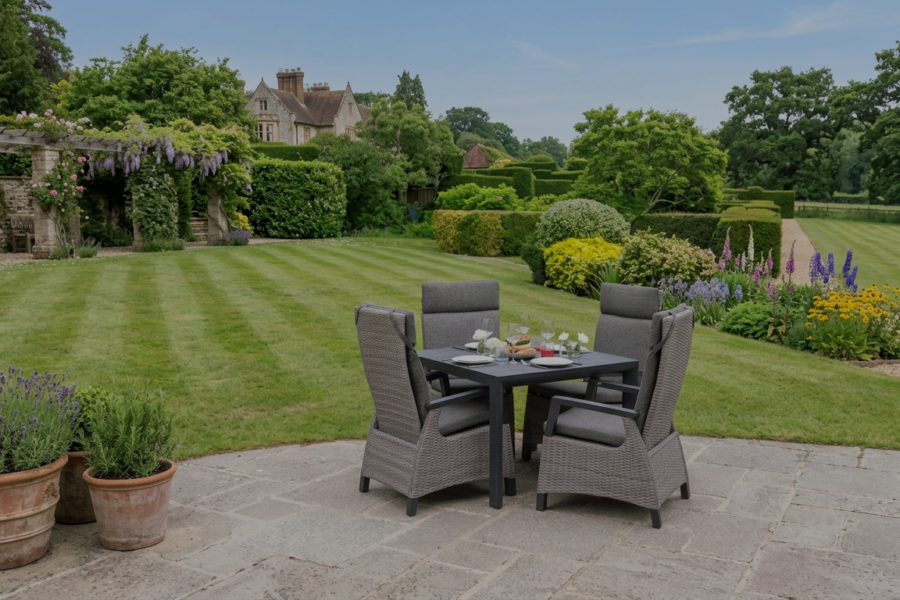 Patio furniture dining set laid for an evening meal with lanterns