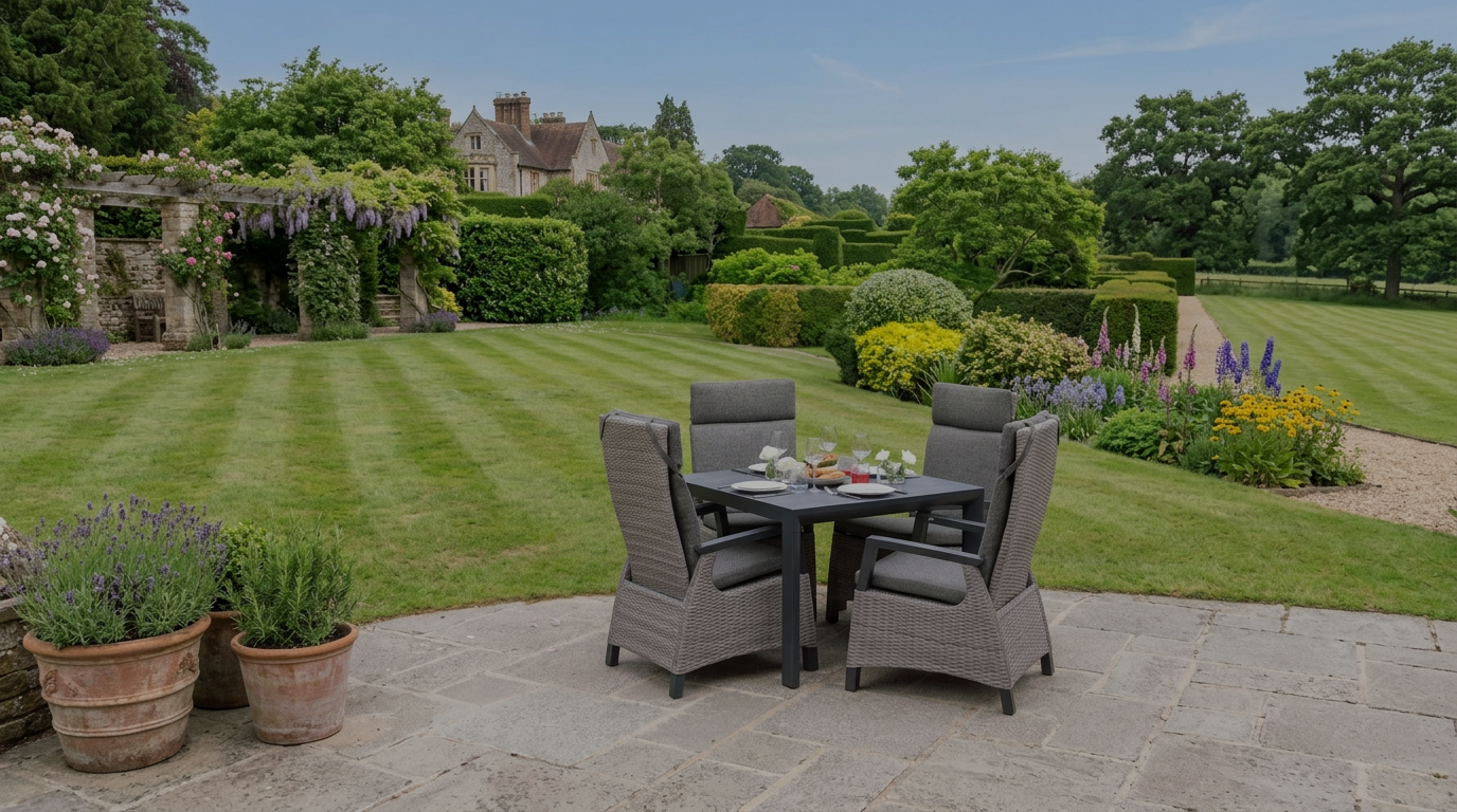 Patio furniture dining set laid for an evening meal with lanterns
